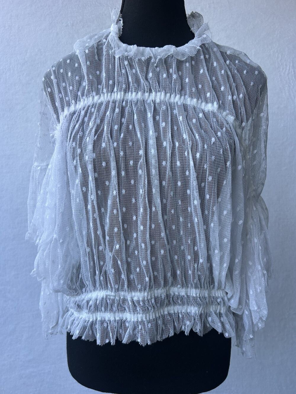 Cien White Sheer Mesh Polka Dot Ruffle High Neck Button Long Sleeve Blouse L